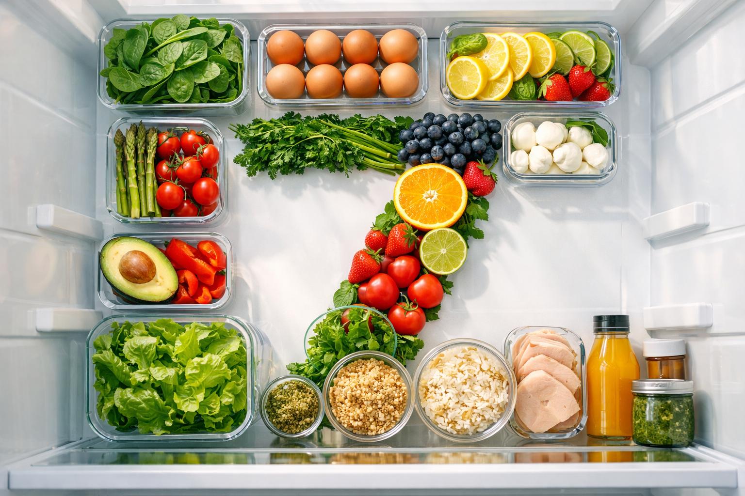 A number 7 made from fresh fruit and vegetables inside a fridge — Pantry Pic 7-Day Food Waste Guide