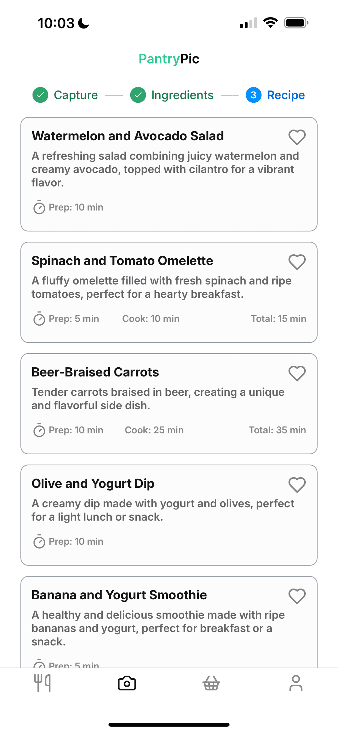Pantry Pic mobile app showing recipe suggestions from detected pantry ingredients