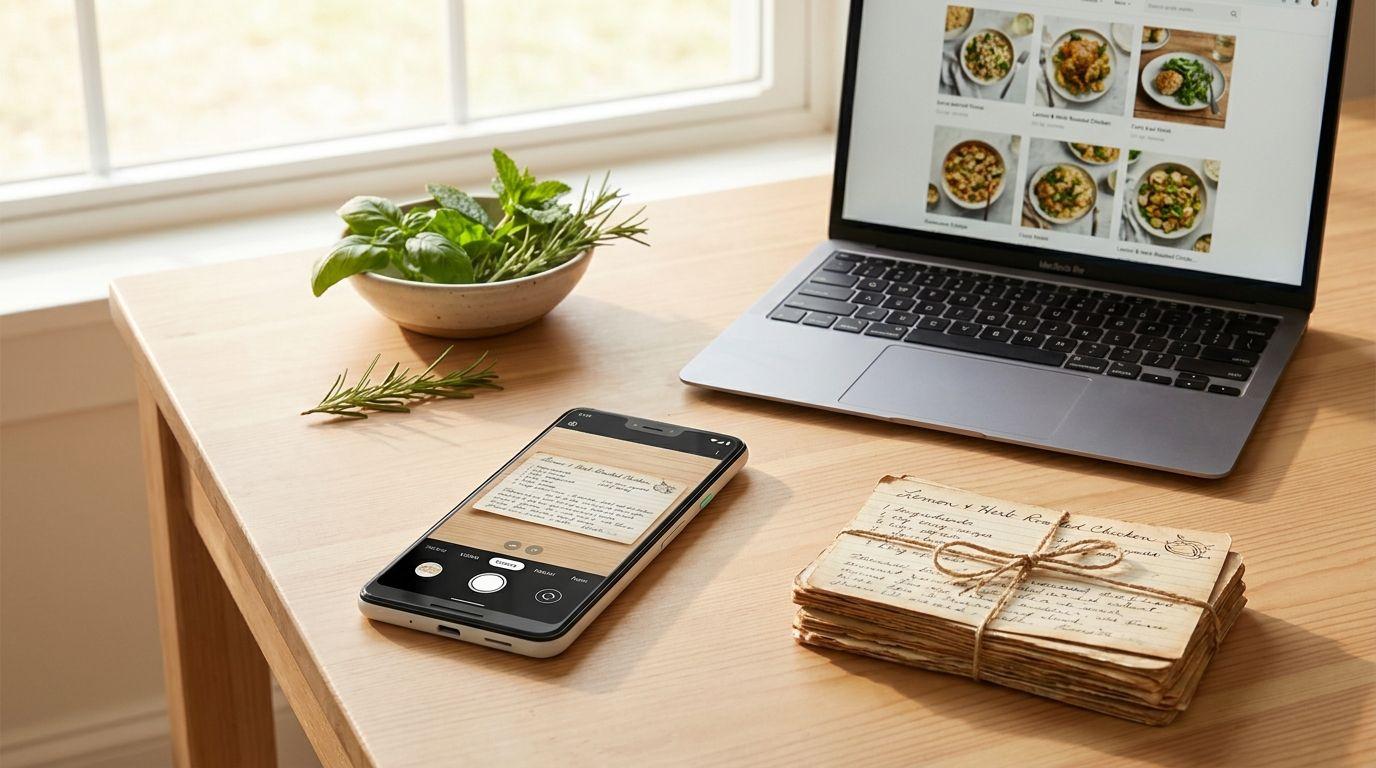 Smartphone photographing a handwritten recipe card beside a laptop showing an organised digital recipe collection