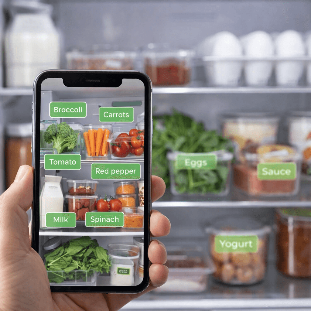 A smartphone photographing the inside of a refrigerator to detect ingredients