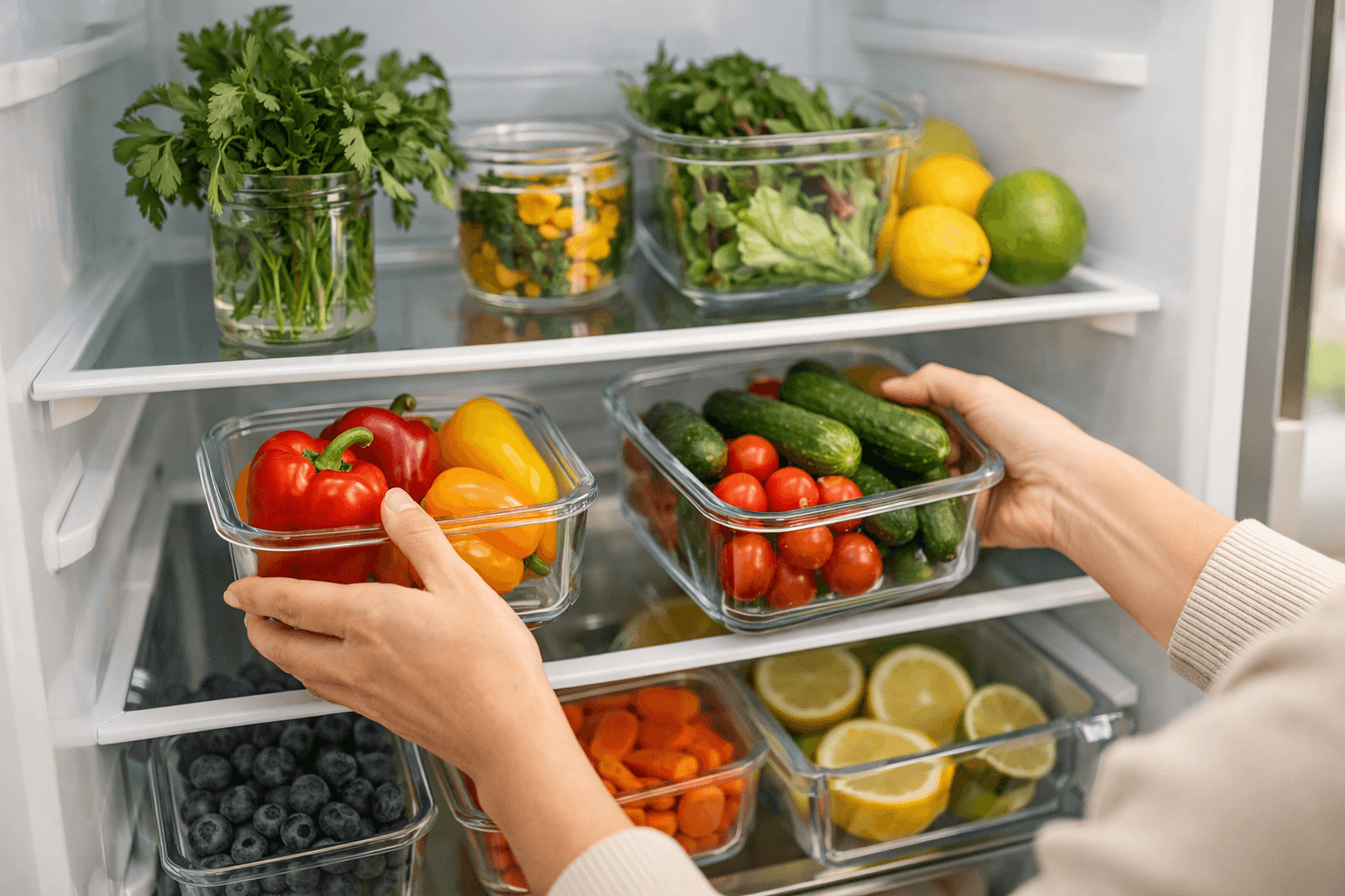 Fresh vegetables being placed into an organised refrigerator