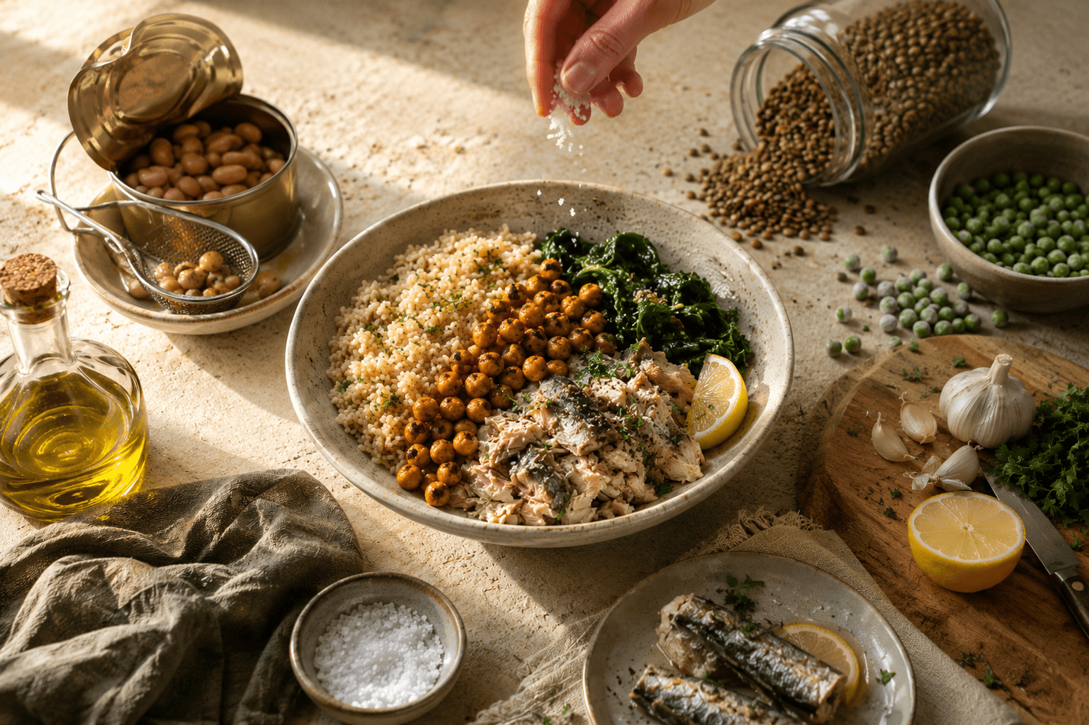 Healthy pantry-built dinner bowl with wholegrain couscous, roasted chickpeas, wilted greens, tinned fish and lemon, with olive oil, lentils, peas and garlic on a warm cream bench