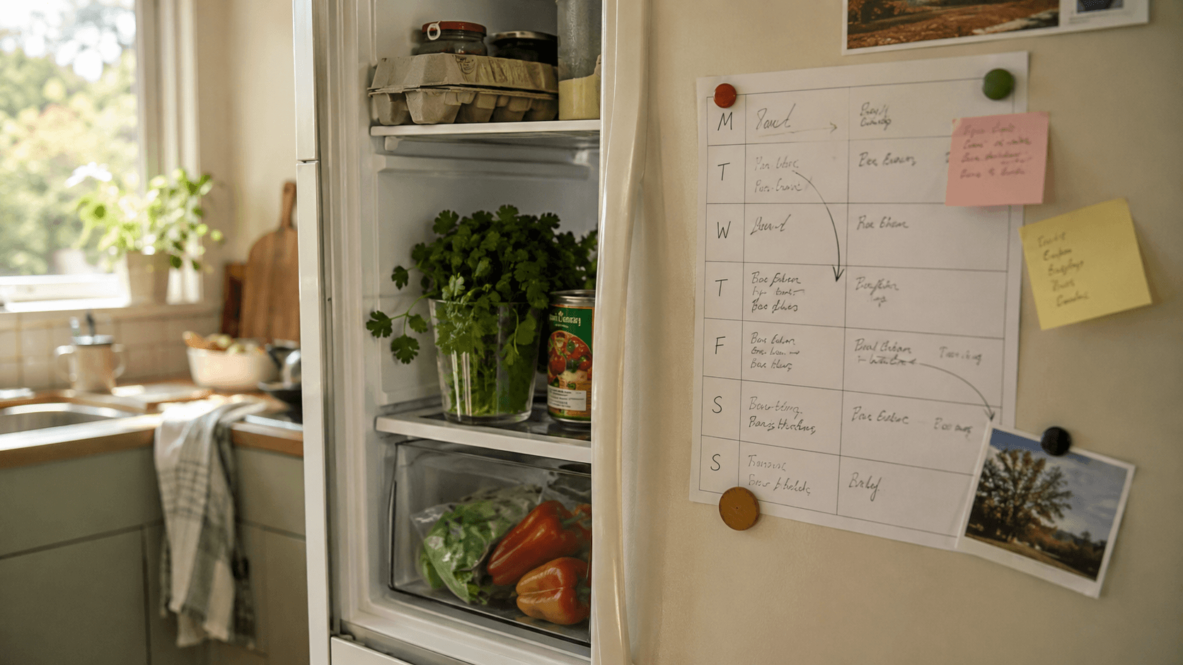 Open fridge with fresh ingredients beside a weekly meal plan on the door