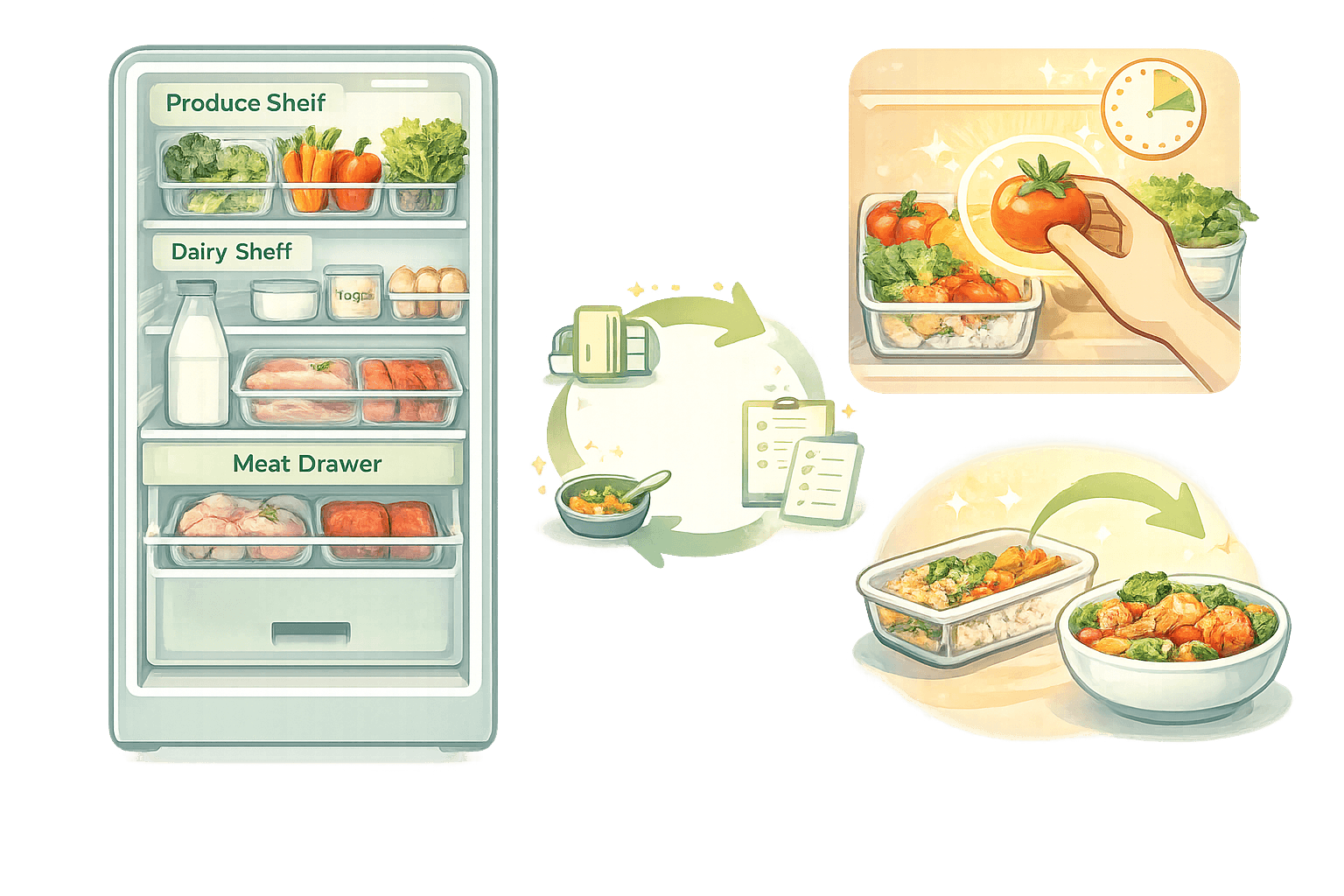 An organised refrigerator with labelled produce, dairy, and meat sections