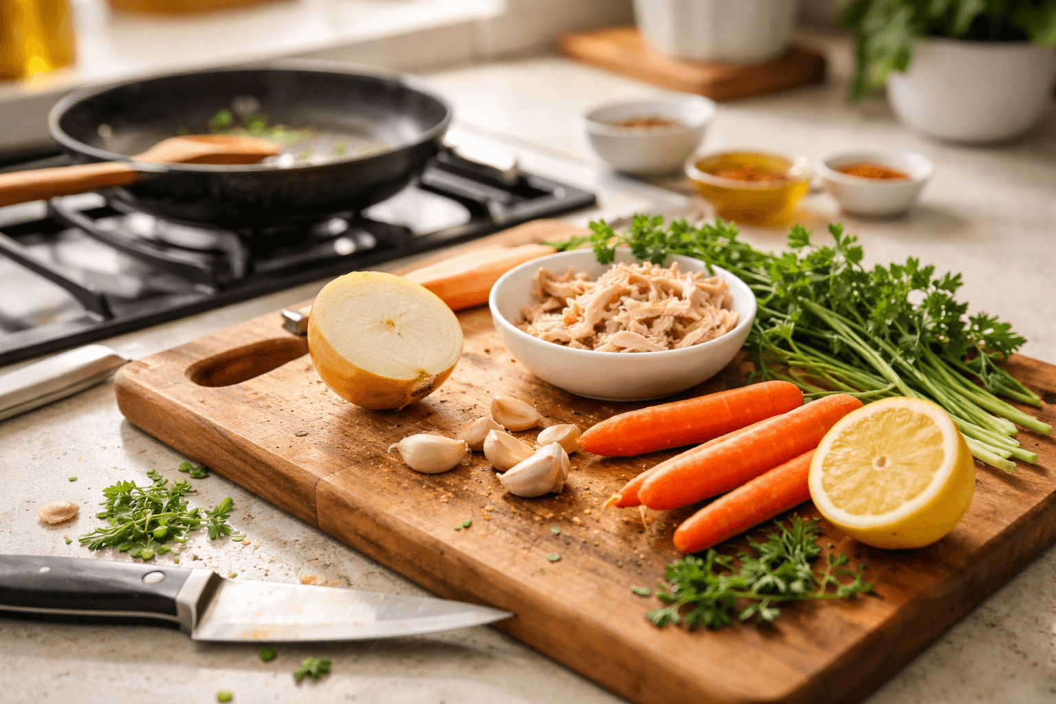 Everyday ingredients on a cutting board ready to be cooked into a meal