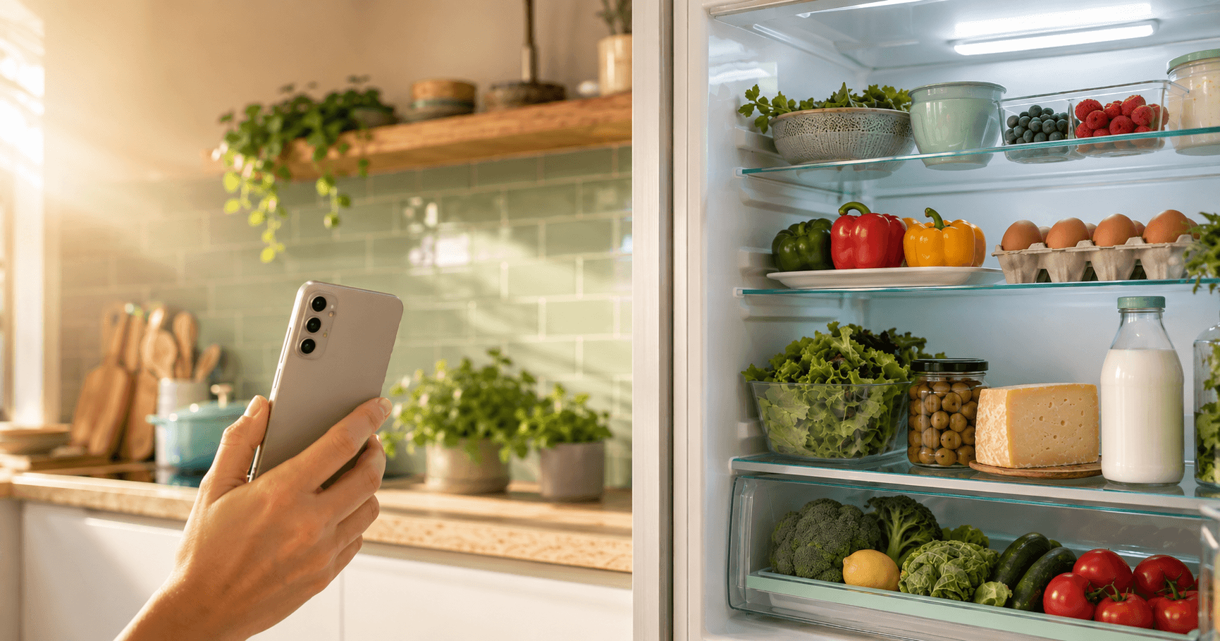 Hand holding a smartphone in front of an open fridge stocked with fresh produce, illustrating apps that suggest recipes from what's in your fridge.